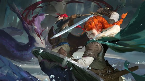 the image showcases a fierce battle between two warriors amidst a snowy forest. the central focus is on a redhaired female warrior, clad in leather armor, locked in a deadly sword fight against another warrior with similar attire. the scene is filled with dynamic motion, highlighted by the clashing swords and the splatter of blood. the cold, wintery environment adds to the intensity, creating a stark contrast with the warm tones of the characters. the dramatic lighting further enhances the action, casting deep shadows and highlighting the ferocity of the fight.