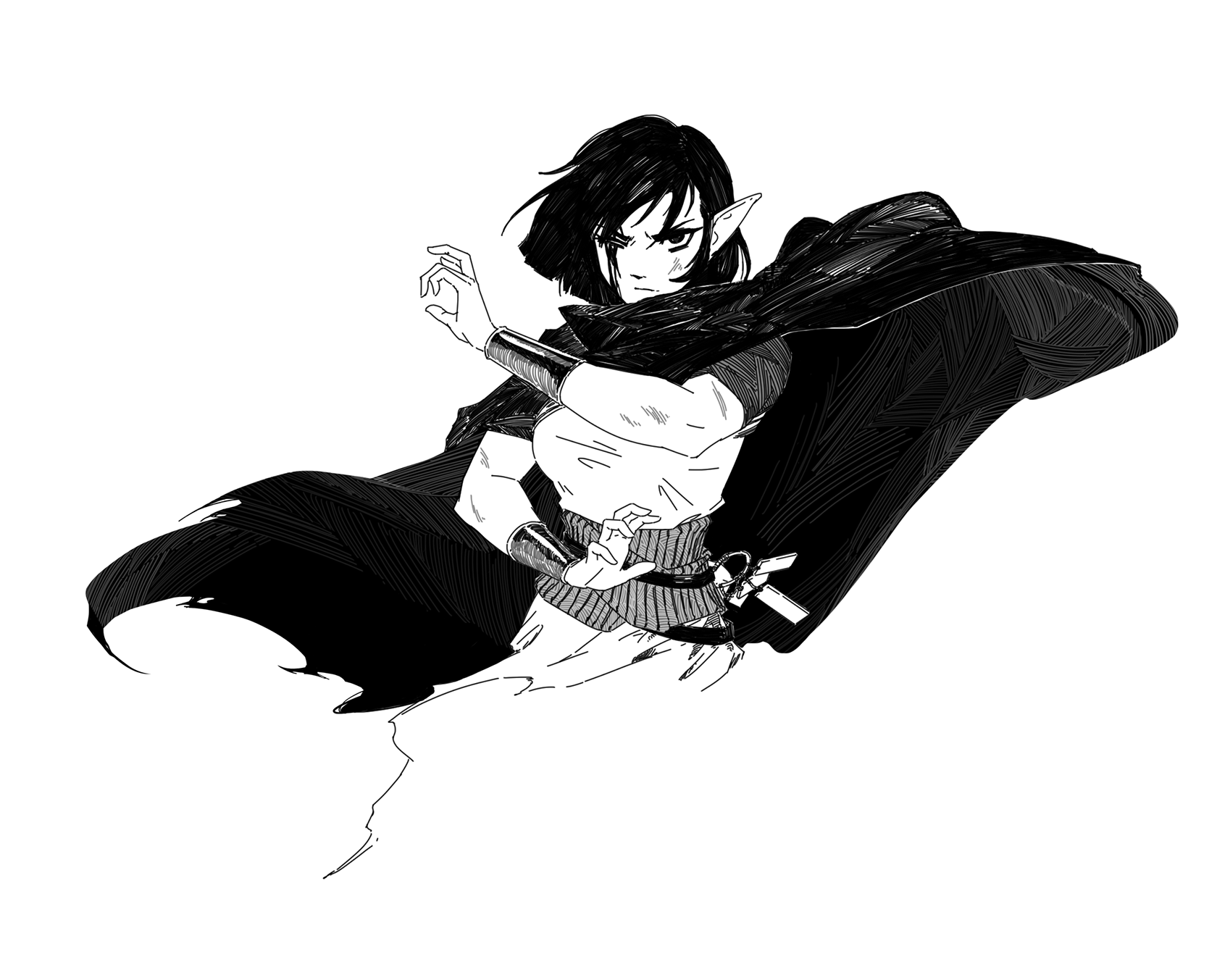 the image is a striking black and white illustration, seemingly drawn with ink or a similar medium.  it depicts a female elf, possibly a warrior, in a dynamic action pose.  she has dark hair, pointed ears, and is wearing a dark cloak that flows dramatically behind her. her attire suggests a fantasy setting.  her expression is serious and determined, and she appears to be midaction, possibly in combat. the style is reminiscent of anime or manga, with strong linework and expressive character design.  a hint of a sword or weapon is visible at her waist. the overall effect is one of power and intensity.