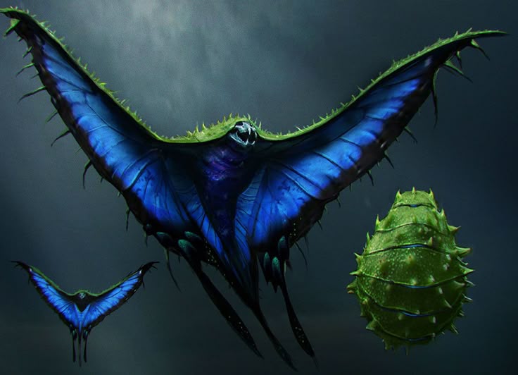 the image shows a fictional creature resembling a moth or butterfly with blue wings and a body covered in green, thorny vegetation. the creature has a menacing face with visible teeth, suggesting it is a dangerous monster. another, smaller version of the same creature is also depicted. to the right of the larger creature is a green, spiky egg or chrysalis. the background is a dark, blurred grayblue, which emphasizes the colors of the creatures.