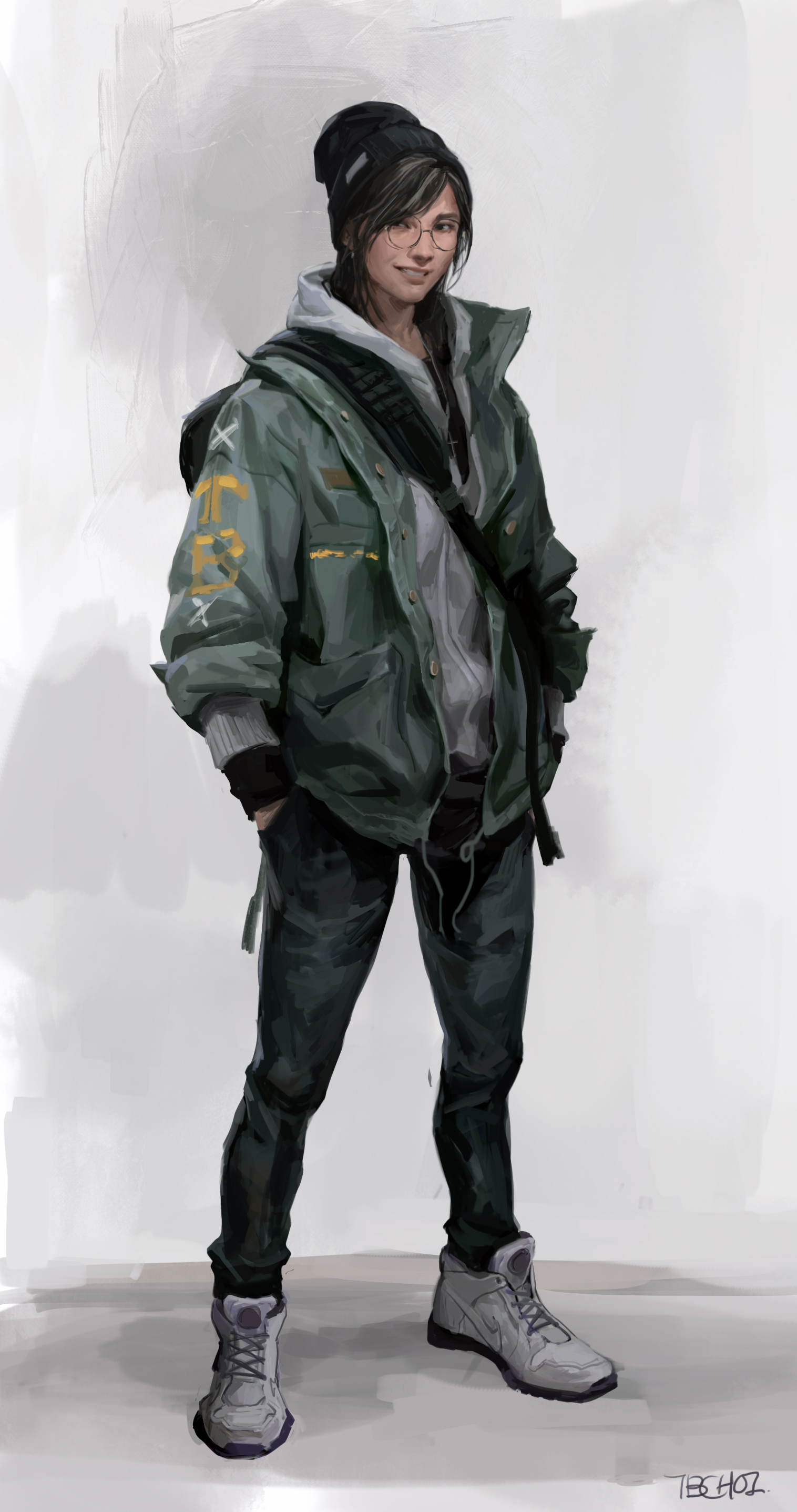 a digital painting of a young woman, possibly a teenager, dressed in casual streetwear. she wears a green jacket over a hoodie, camouflage pants, and grey sneakers. she has a beanie on her head and glasses on her face. she's carrying a backpack and seems to have a relaxed and friendly demeanor. the art style blends anime/manga influences with a more realistic approach to painting. the background is a simple, muted grey, focusing attention on the character.