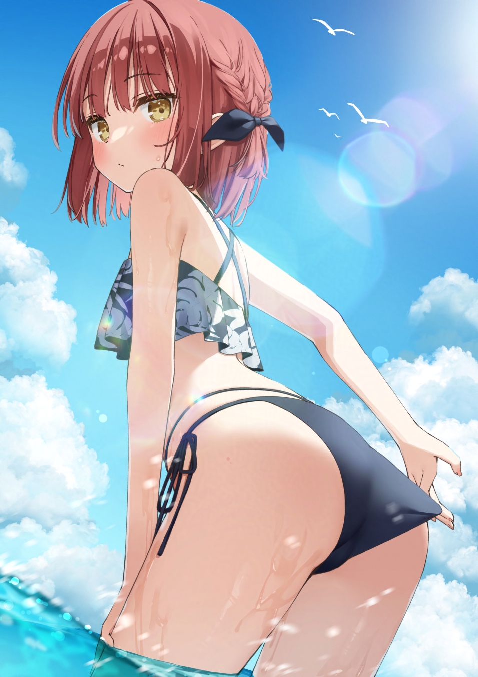 he image is a digital drawing of an animestyle girl in a bikini at the beach. she has short, reddishpink hair with a braid on one side, and yellow eyes. she is wearing a darkcolored bikini top and bottom. the setting is a sunny beach with blue water and white clouds in the sky. the girl's back is mostly turned to the camera, she is looking away and the focus is on her body. the art style is cute and suggestive.