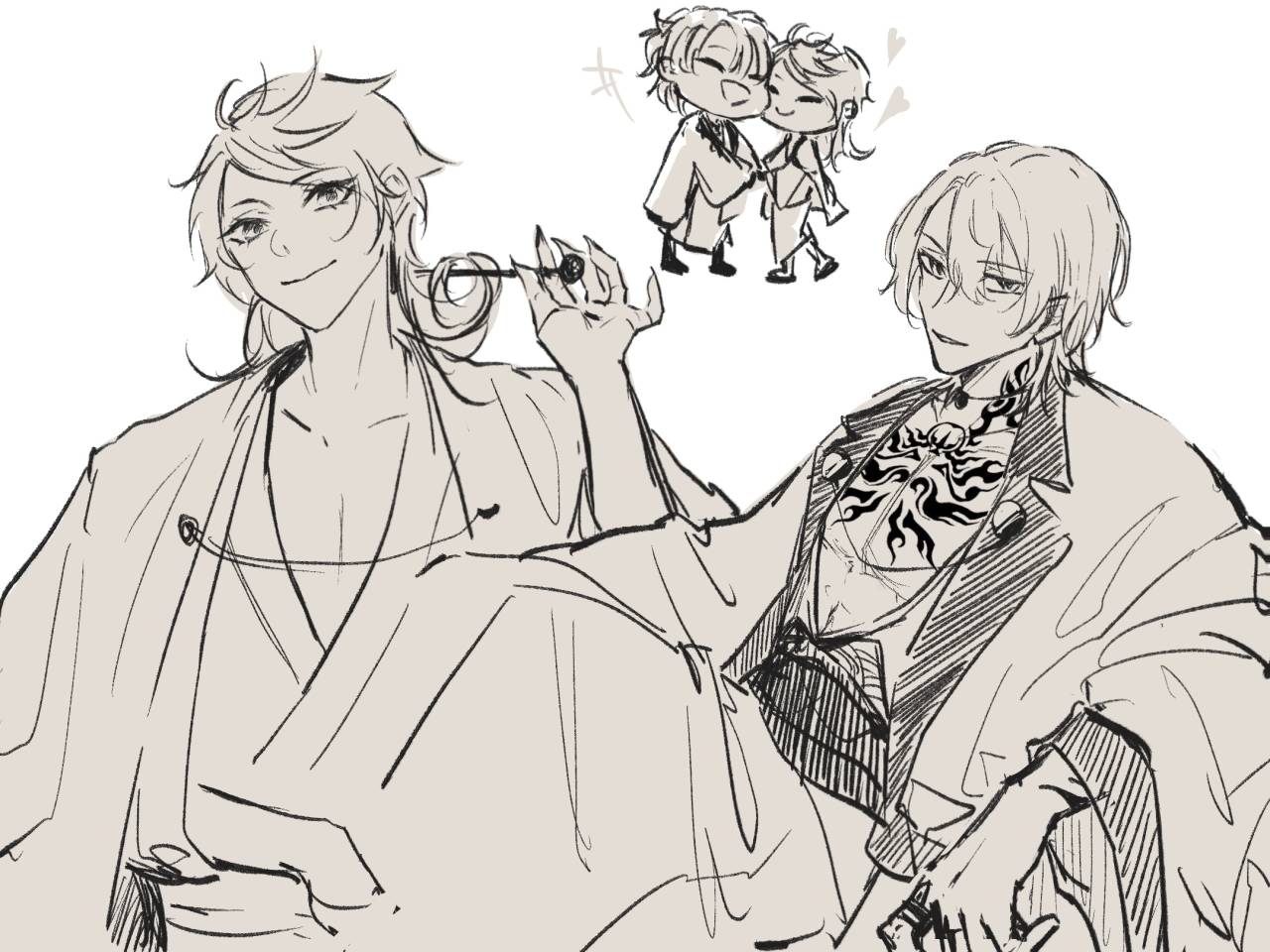 this is a drawing of two anime male characters. they are both smiling and appear to be happy. one is wearing a kimono and the other is wearing a suit. in the background, there is a small drawing of a couple in kimonos,  holding hands and smiling.  there are also hearts around the couple in the background. the drawing is done in black and white with a clean, simple style.