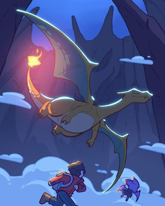 a young male trainer is shown from below, scrambling up a snowcovered mountain path as a giant orange dragon with glowing blue wingtips flies overhead. the dragon breathes a plume of fire and smoke as it soars across a deep blue sky dotted with white clouds. in the distance, a smaller purple dragon flies towards the mountains, silhouetted against the setting sun. the overall lighting is soft and magical, giving the image a sense of adventure and wonder.