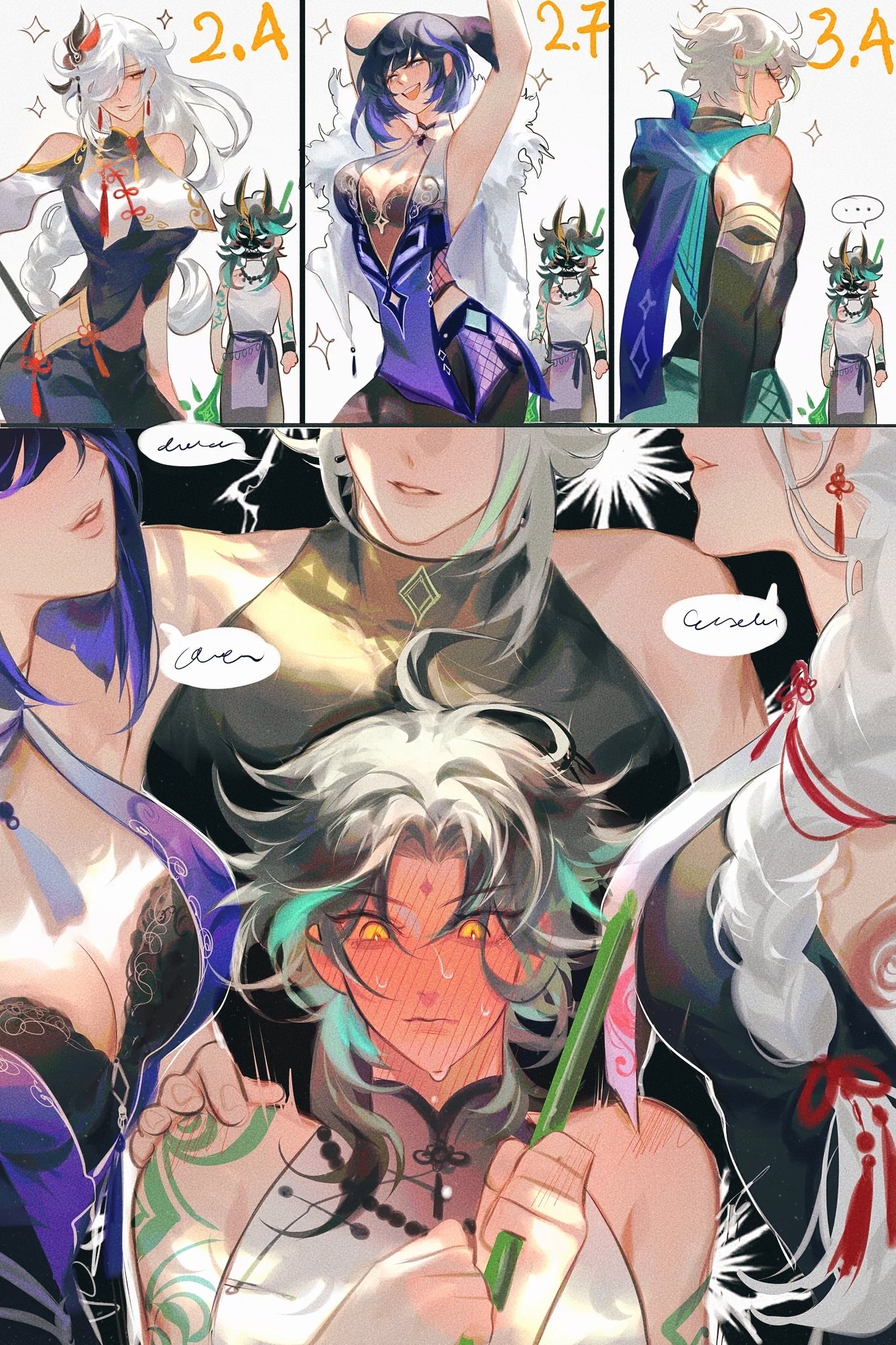 this is a vibrant and stylish digital fan art drawing featuring several genshin impact characters.  the art is split into panels, seemingly representing different game updates (2.4, 2.7, 3.4) with smaller chibistyle characters alongside the larger ones. the main focus is on a group of women in the lower portion, with a central character, possibly a male character, holding a green object (perhaps a pen or stick), looking slightly flustered. the art style is animeinspired, with detailed character designs, vibrant colors, and dynamic poses. the overall mood is playful and suggestive of camaraderie or interaction among the characters.  the art is highly detailed and shows a clear understanding of the characters' styles and features.