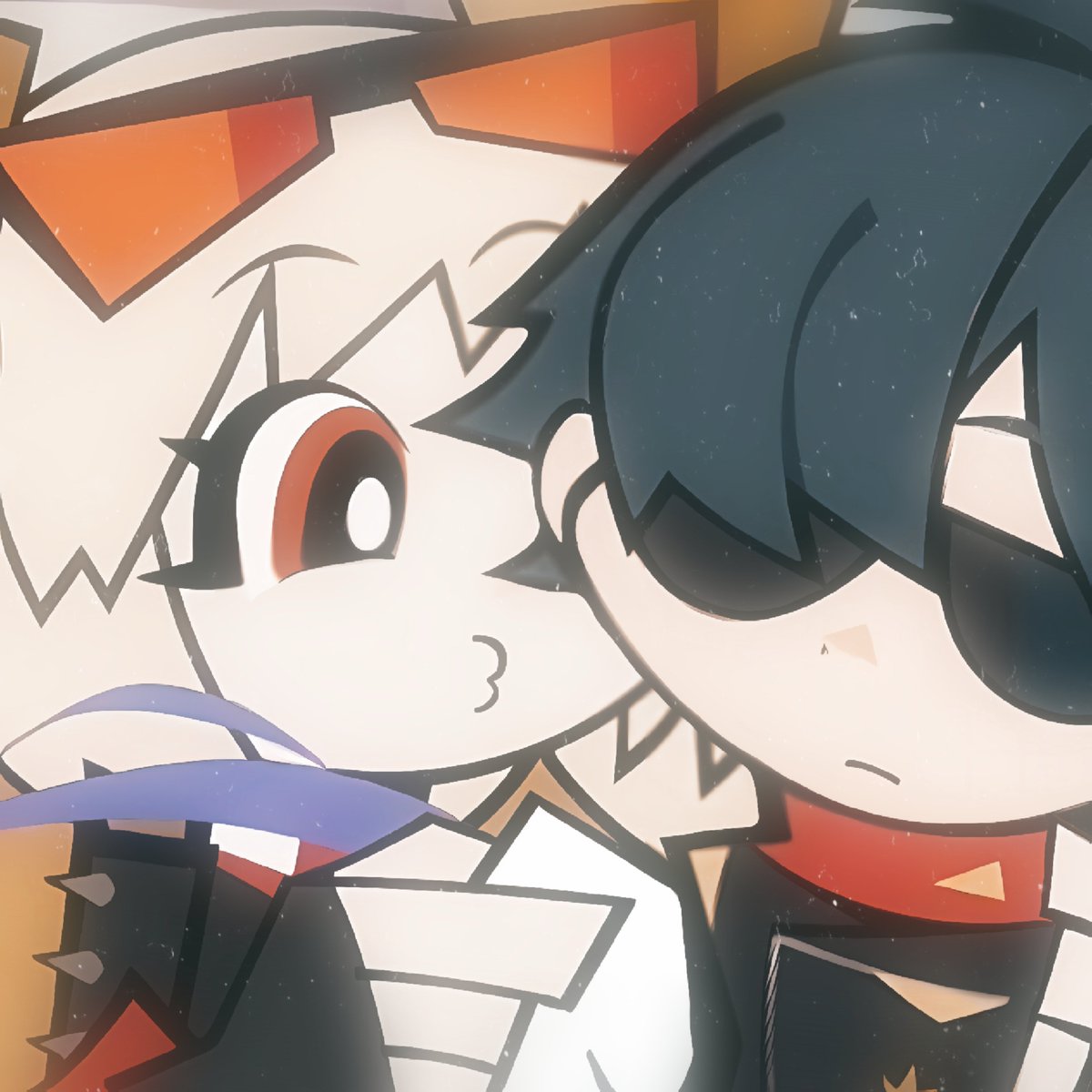 he image shows a closeup of two animestyle chibi characters. the one on the left appears to be a girl with blonde hair, large eyes, and a flushed face, while the character on the right seems to be a boy with dark hair and sunglasses. they are positioned in a way that suggests an embrace or a hug, with the girl's cheek resting against the boy's shoulder. the overall style is characterized by simplicity, soft colors, and a sense of affection between the characters. the illustration could be considered fan art due to its stylized nature.