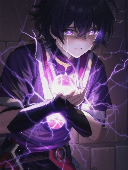 a young man with dark hair and purple clothing stands in a dimly lit, possibly stonewalled room. he is crying, tears illuminated by the radiant purple energy crackling around him.  he clutches a glowing orb in his hands, the source of the magical energy that seems to cause him both pain and power.  the overall atmosphere is one of sorrow and intense emotion.
