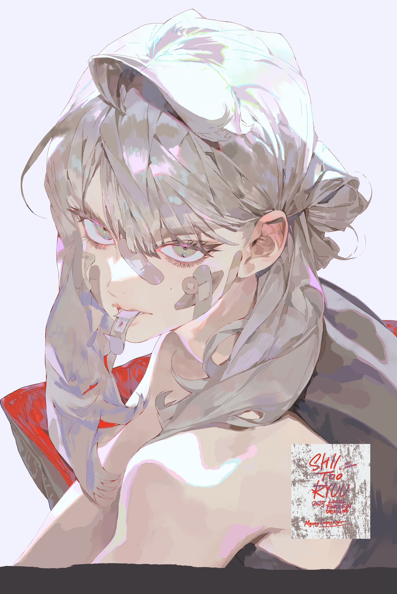the image is a digital illustration of a woman with pale skin, grey hair, and bandages on her face. she has a bun in the back of her hair with stray strands framing her face. her eyes are green. she is looking to the side with a piece of bandage in her mouth. she is wearing a dark robe that is lined with red. the artwork is stylized and painterly.
