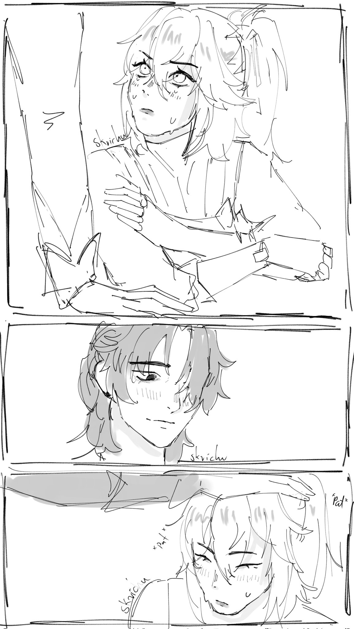 this is a black and white sketch of two anime characters, one with short spiky hair and the other with long, flowing hair. the character with spiky hair is touching the other character's hair gently, and they both seem to be blushing. the drawing is in a comic book style, and the characters are surrounded by thought bubbles containing text that suggests they are feeling romantic affection for each other.