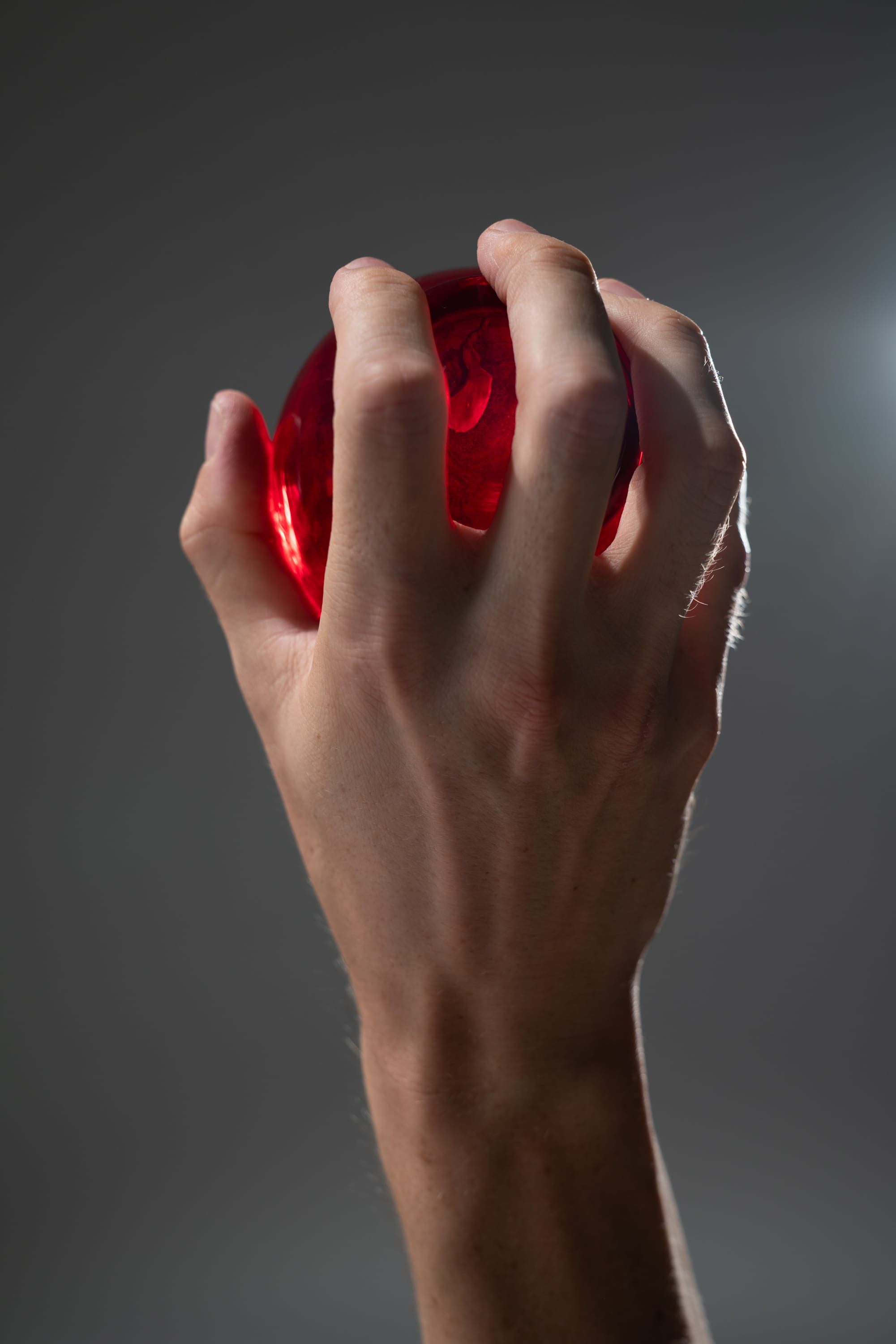 a hand tightly grips a translucent red sphere against a gray background. the image emphasizes the hand's strength and the sphere's delicate nature, creating a sense of tension and potential energy. the studio lighting highlights the contours of the hand and the sphere, adding to the dramatic effect.