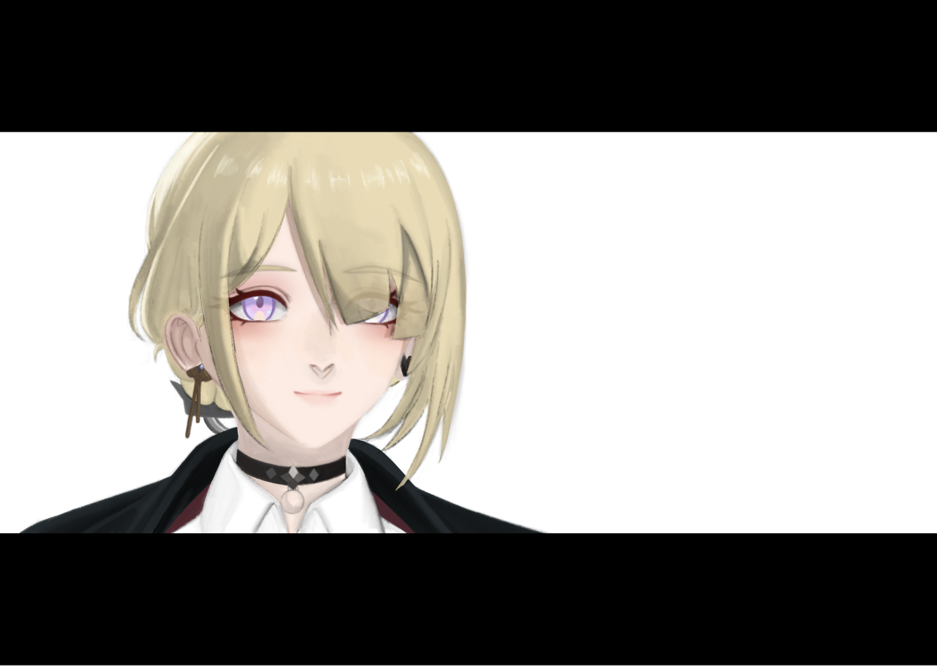 the image is a digital illustration of an animestyle young woman.  she has shoulderlength blonde hair, styled neatly, and striking purple eyes. she's wearing a darkcolored jacket or coat over a white collared shirt and a black choker necklace. small, dark earrings are visible. the style is semirealistic, with soft shading and attention to detail in her facial features. her expression is subtle, a slight hint of a smile on her otherwise neutral face. the background is a plain white, which makes her the clear focus of the image. the overall tone is stylish and elegant.