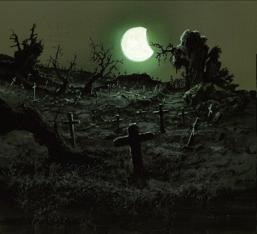 an eerie graveyard at night lit by an eclipsed moon. tombstones and crosses are scattered across the landscape, casting long shadows. the overall atmosphere is dark, spooky, and mysterious.