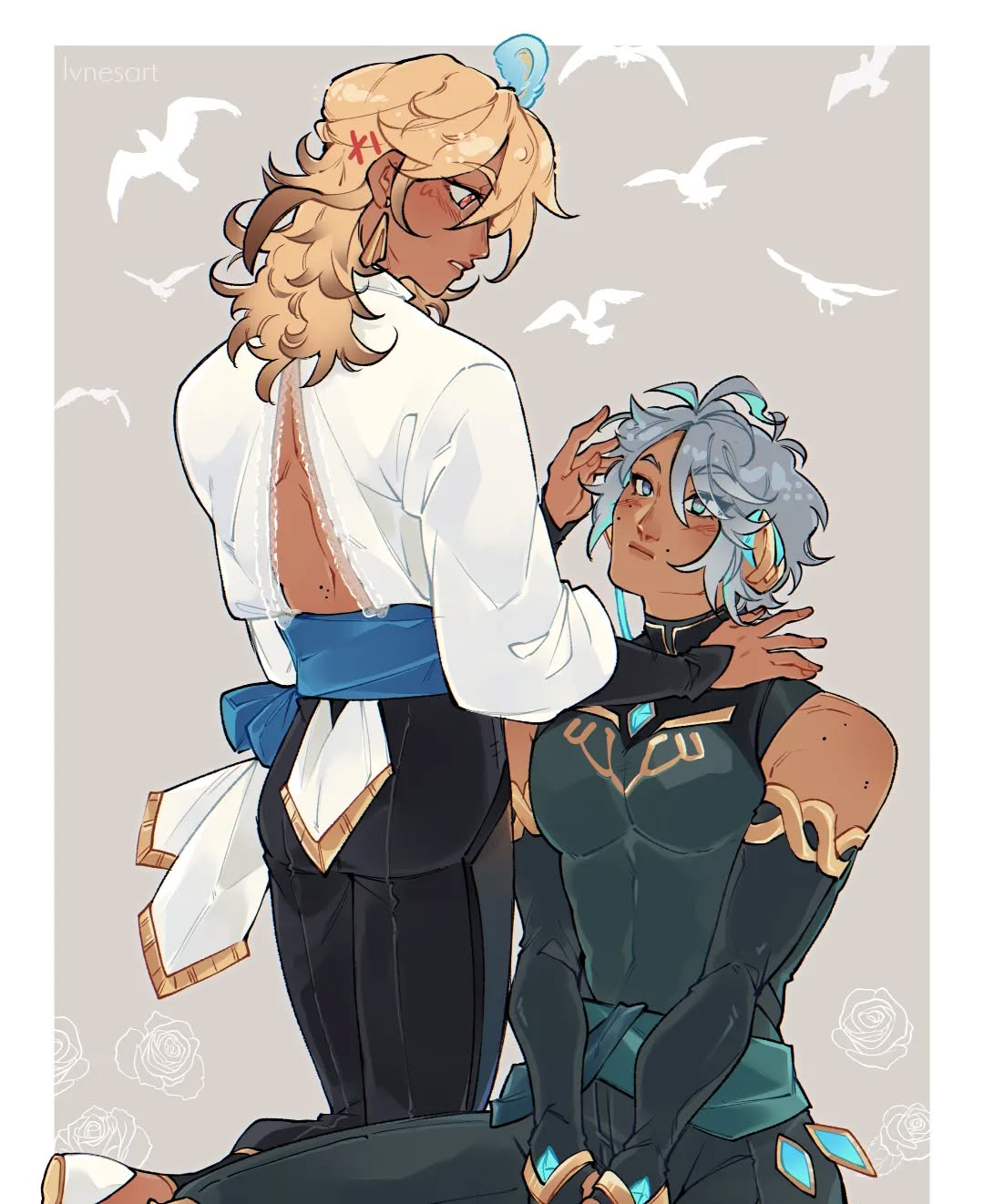 the artwork depicts a romantic scene between two male characters.  one character has long, blond hair and is wearing an elegant, lightcolored shirt and dark pants with a blue sash. the other has short, greyishblue hair and wears a dark, fitted outfit with teal accents. they are positioned intimately, with the blondhaired character gently touching the other's face. the background features stylized seagulls and roses, creating a serene and romantic atmosphere. the art style is reminiscent of anime and is highly detailed, with a focus on soft lighting and flowing fabrics. the overall mood is one of gentle affection and intimacy.