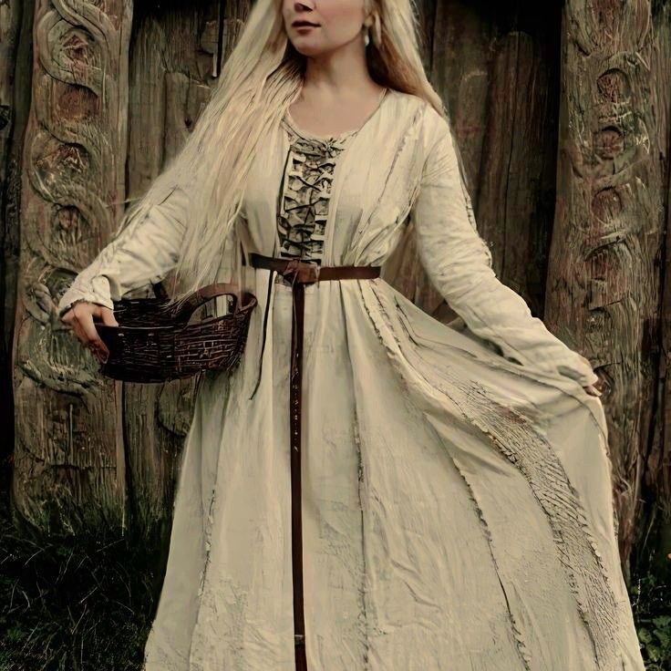 a woman with long blonde hair stands in front of a background of trees and undergrowth, dressed in a long, lightcolored dress cinched at the waist with a brown belt. she holds a woven basket in her left hand and gently gathers the hem of her dress with her right. the scene suggests a medieval or historical setting.