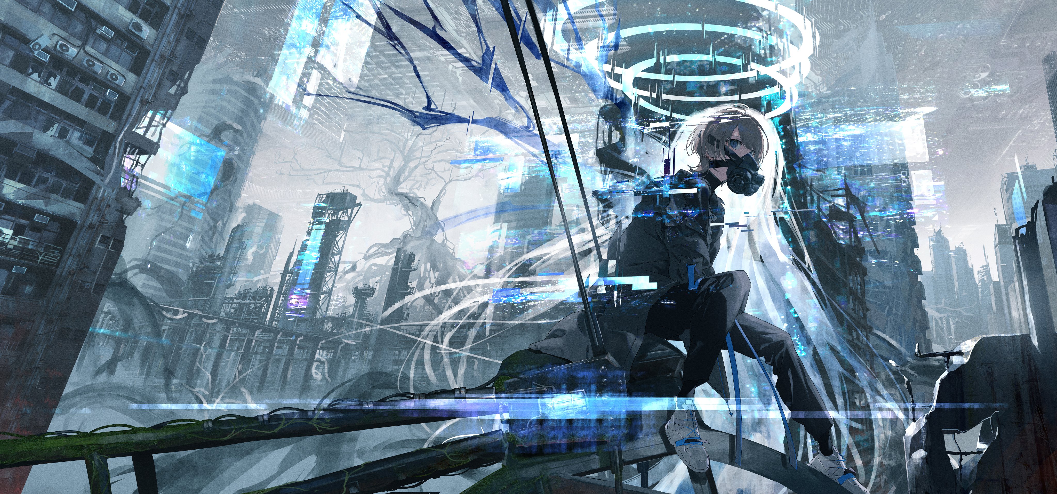 a young woman in a cyberpunk setting,  wearing a white gas mask and black clothing, stands on a metallic platform in front of tall buildings.  she is surrounded by a digital, geometric, and abstract design.  the woman's hair is a long,  white and blonde color, and she is looking directly at the viewer.  the image is filled with vibrant colors and sharp detail.