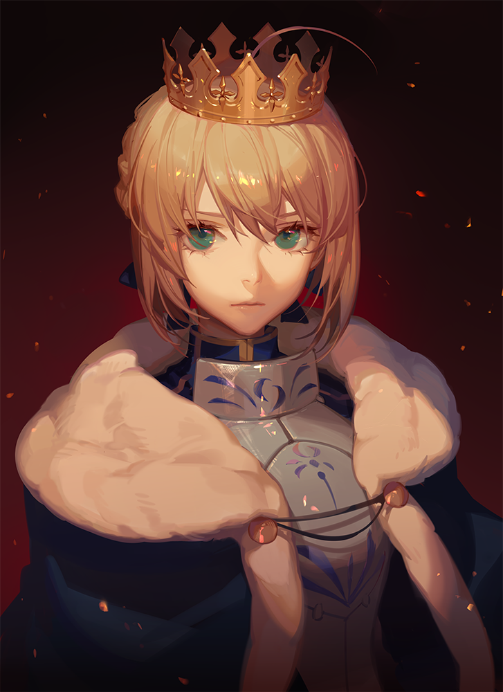 an illustration of saber from fate/stay night, an anime girl with blonde hair, green eyes, wearing a golden crown and armor with large white shoulder pads, set against a dark red background with embers floating around. she is looking directly at the viewer with a solemn expression.