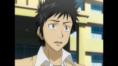 close up of an anime character with short black hair, brown eyes, and a concerned expression. he is wearing a white shirt and a tan jacket. the background is blurred and appears to be a school building.content:  anime character, portrait people:  young man environment:  school, outdoorslighting:  natural light, daytimeperspective:  closeupkw:  anime, portrait, school, concerned, confused, worried