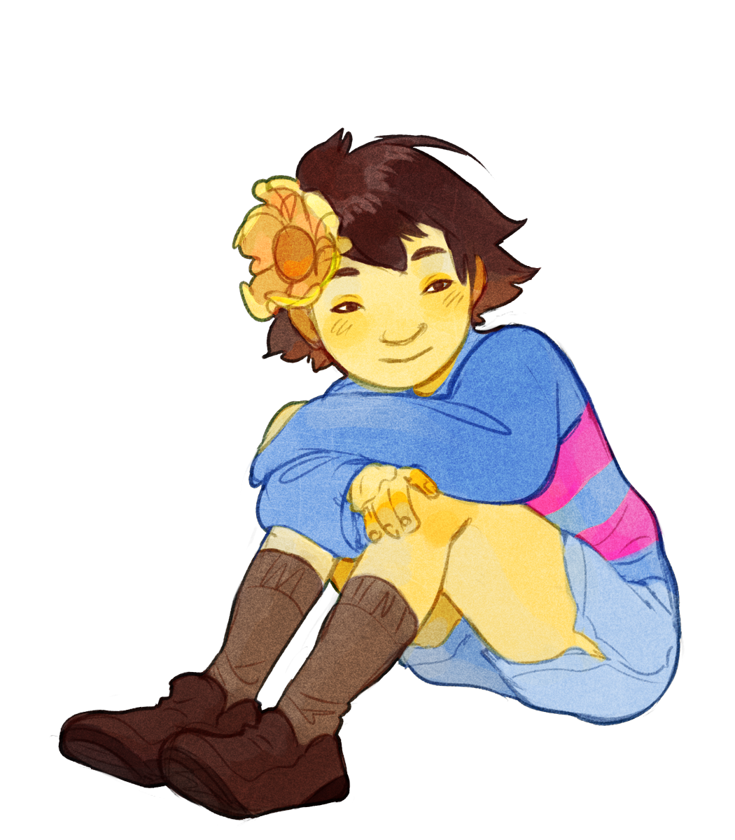 the image is a drawing of a young child with brown hair and brown eyes. they are wearing a blue and purple striped shirt, blue shorts, and brown socks and shoes. they are sitting with their knees hugged to their chest and a peaceful smile on their face. a yellow flower with orange center is tucked behind their ear. the child's skin and clothes have a yellow tint to them, possibly reflecting the color of the flower. the overall palette is warm and inviting, with soft lighting contributing to the peaceful mood.