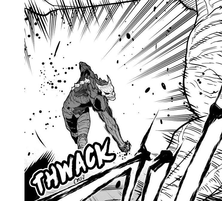 a black and white manga panel depicts a powerful monster leaping towards the viewer. its back muscles are tensed, and its clawed hand slams down onto a rocky surface, emphasized by a dramatic "thwack" sound effect. the low angle and highcontrast shading create a sense of power and imminent danger.