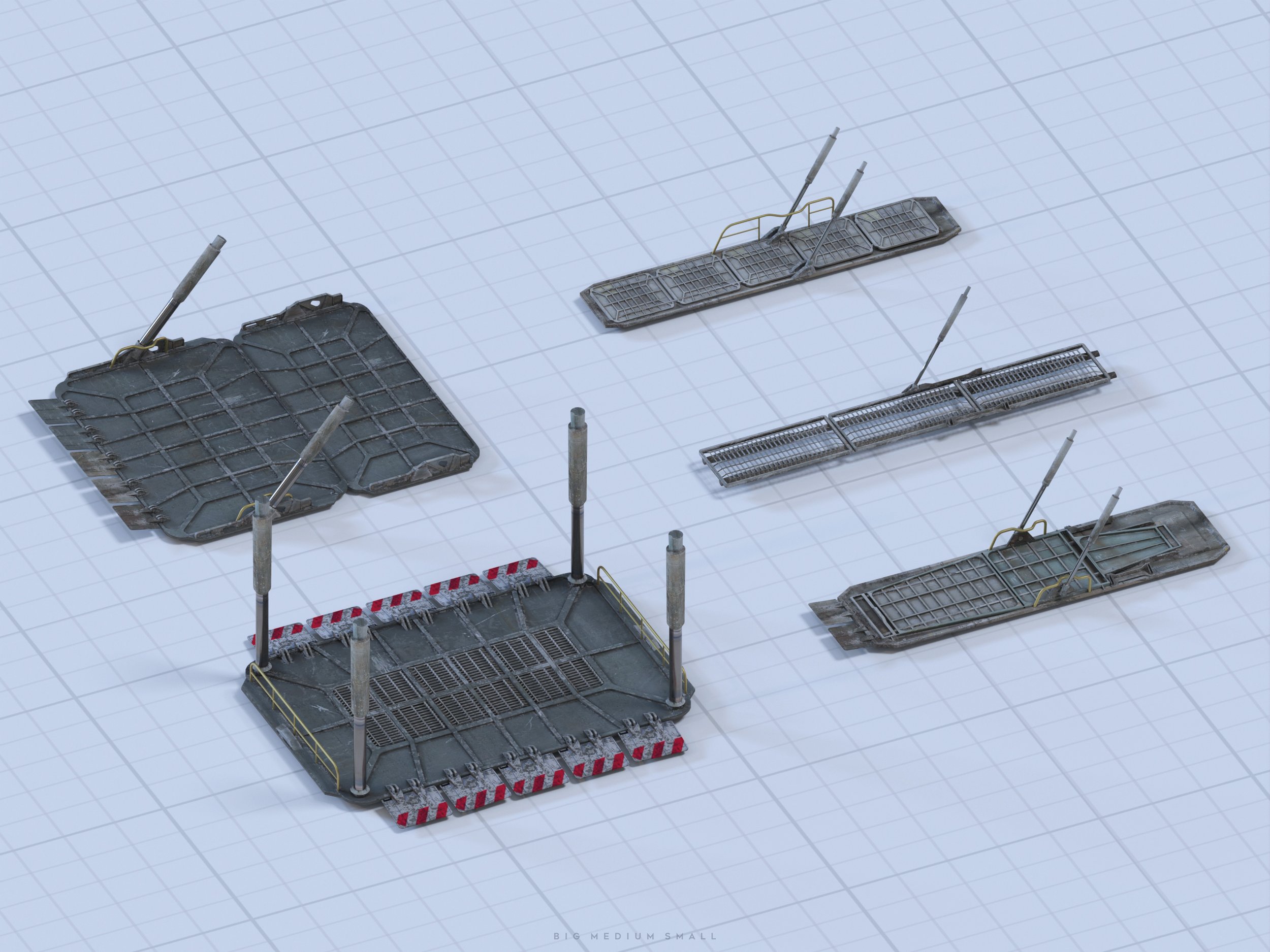 the image shows a 3d rendering of five different types of industrial metal platforms or docks.  they appear aged and weathered, showing signs of rust and wear.  each platform features a unique design and size, with some incorporating grates and railings.  the platforms are rendered on a light gray grid background, allowing for clear visualization of their dimensions and features.  the overall style suggests industrial or perhaps postindustrial settings.