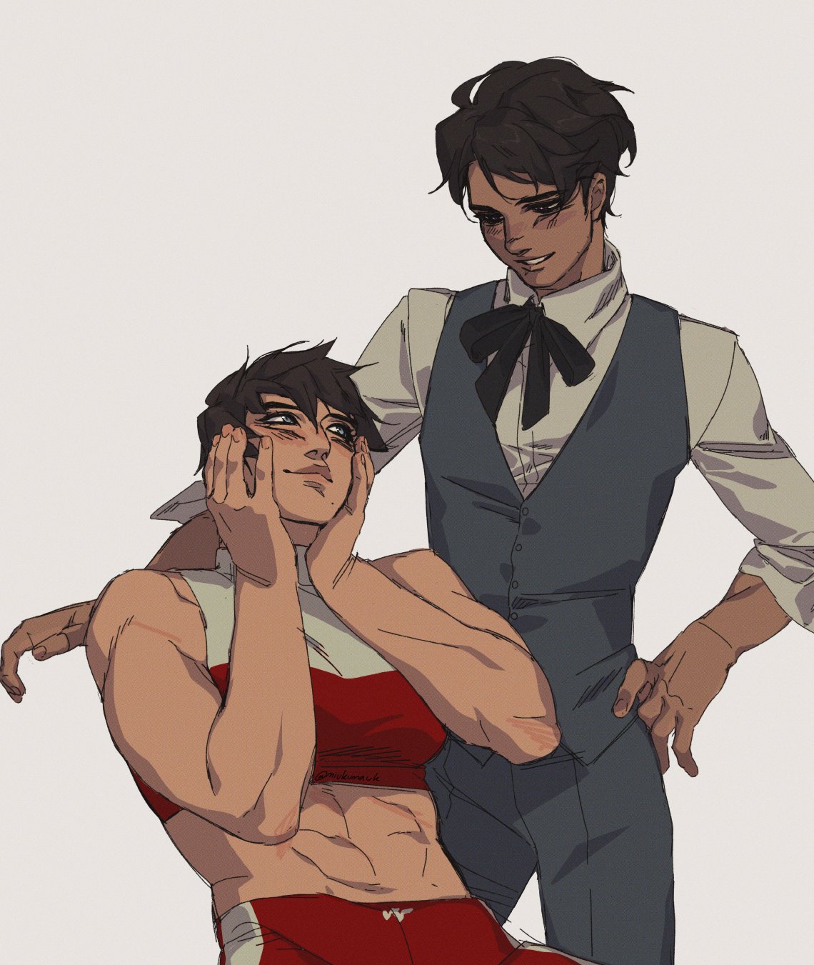 two men are depicted in an anime style illustration. the man on the left is wearing a red and white sports bra and grey pants. he is smiling and has his hands on his face. the man on the right is wearing a white shirt, black vest, and grey pants. he is looking at the man on the left and smiling. the background is a plain white color.