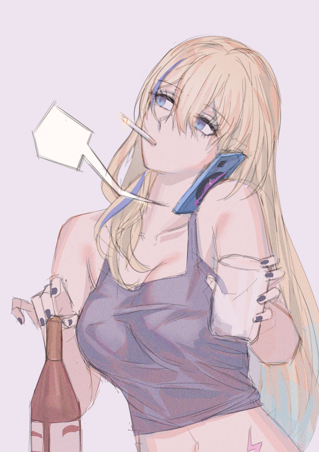 the image is a digital drawing or illustration of an animestyle young woman with long blonde hair.  she's casually dressed in a purple tank top. she's holding a wine bottle in one hand, a glass in the other, and has a cell phone pressed to her ear.  a cigarette is also in her mouth. her expression is relaxed but suggestive. the art style is loose and sketchy, with pastellike color tones dominating the piece. the background is a plain light purple.  the overall mood is somewhat nonchalant and slightly sultry.