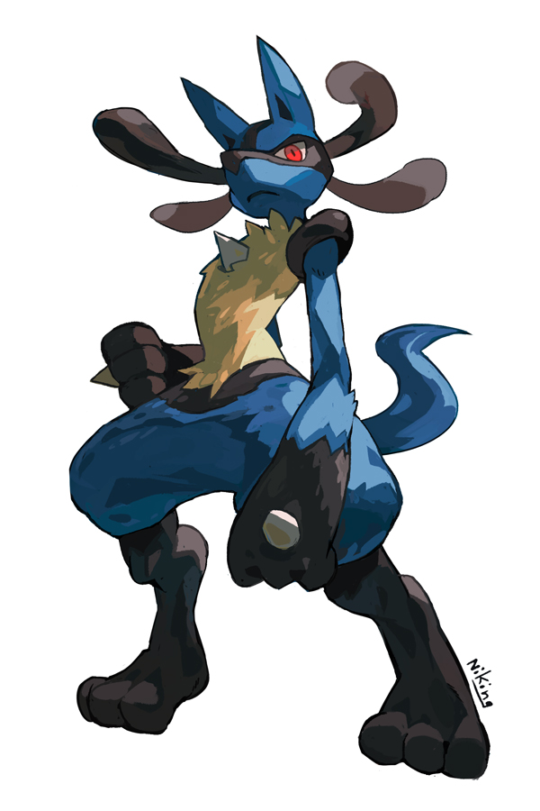 a blue lucario pokemon with red eyes is standing with its legs spread. it has brown fur and a tail. the artwork is in an anime/cartoon style.