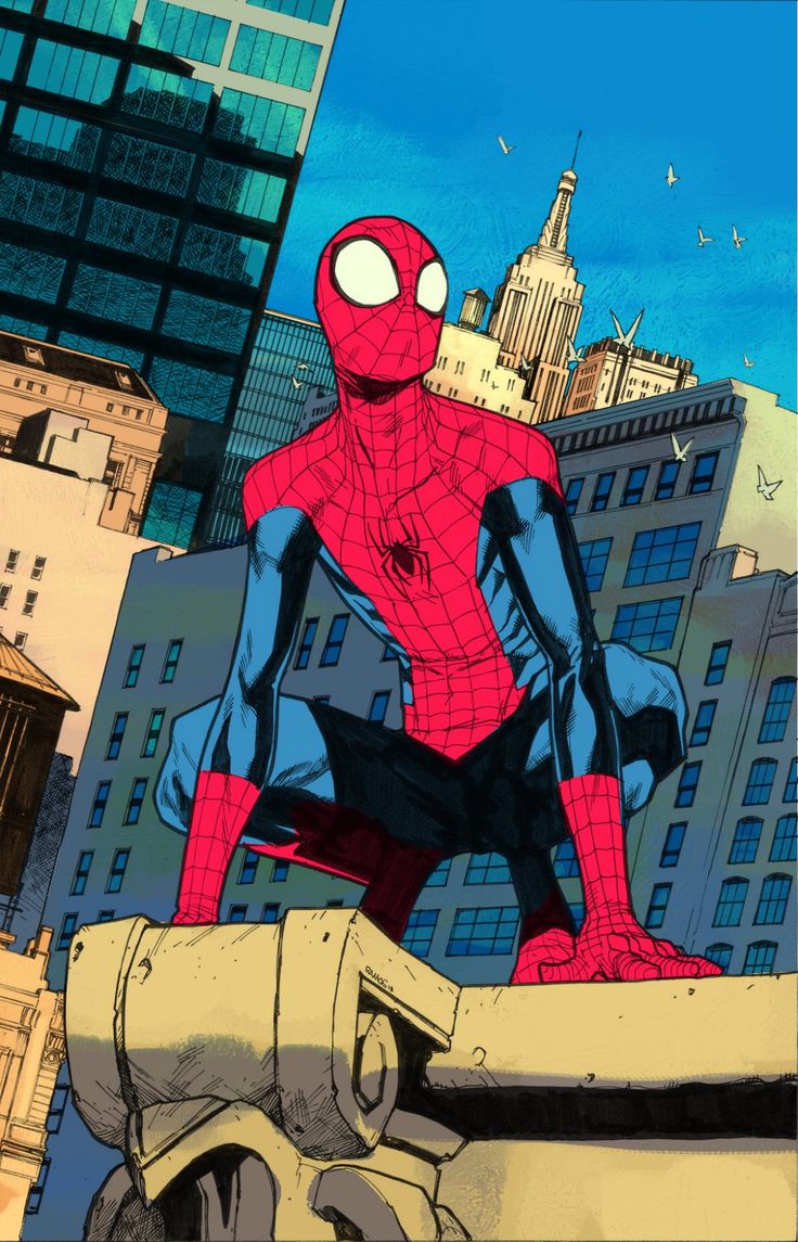 this is a comic book illustration of spiderman, a superhero. he is standing on a building with a skyscraper behind him.  he is wearing his red and blue costume, and his mask is on.  he is in a striking pose, with his arms out and his legs bent. the cityscape behind him suggests that he is in new york city.