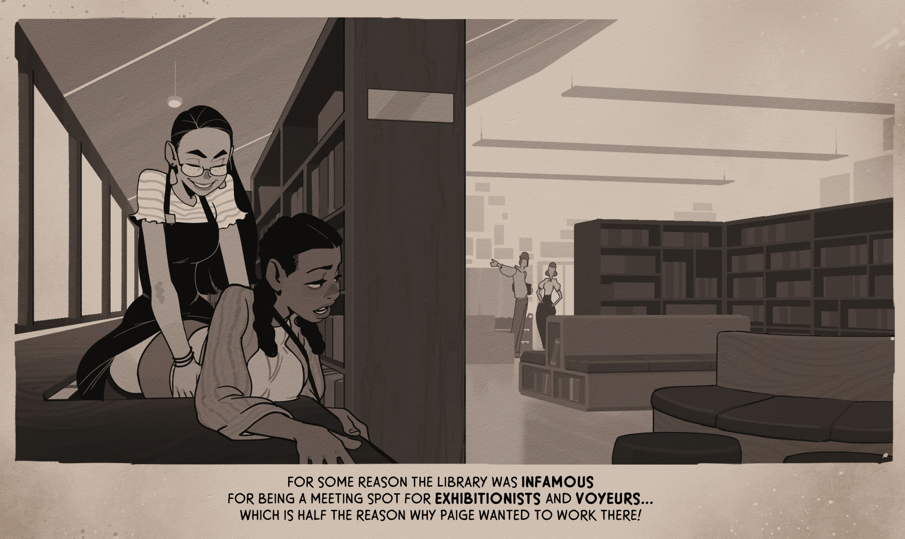 the image shows a scene inside a library. two women are sitting at a desk, one is sitting on a desk and the other is standing beside her, looking at each other and talking. the background has bookshelves and a couch. there are some books on the shelf. there are also two people in the background, one male and one female, walking and talking to each other.  there are also chairs and other furniture in the room. the scene takes place in a library, with a focus on the interaction between the two women.  the image is in a vintage style, with muted colors and a sepia tone.
