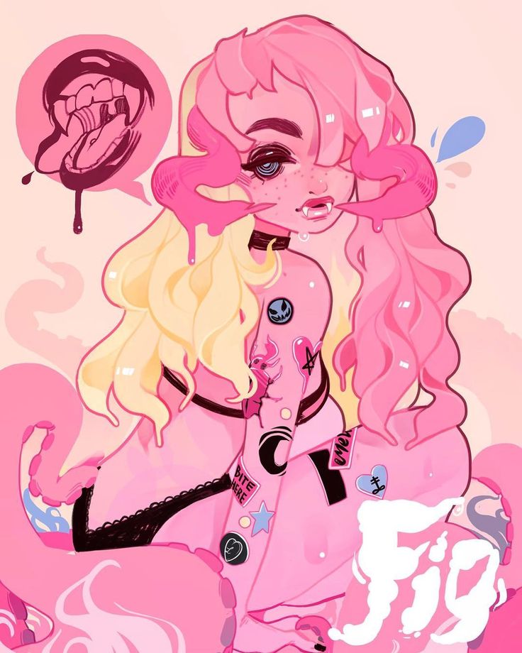 this image is a digital illustration of an anime girl in pink. she has blonde and pink hair, and is wearing a black bra with a "bite here" patch on it.  the girl is surrounded by pink octopus tentacles. she appears to be cute and creepy. the image is done in a pastel goth style.