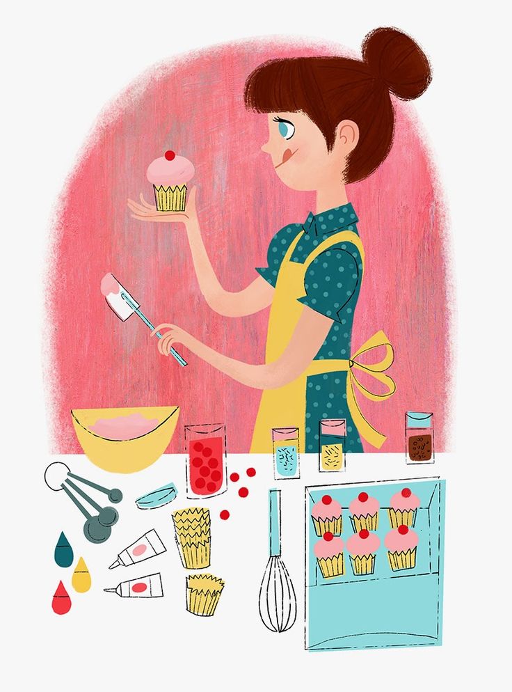 an illustration depicts a woman in a yellow apron with a bow in the back and a blue dress with blue polka dots baking cupcakes. she holds a cupcake with pink frosting and a cherry in her hand. the woman has brown hair in a bun, a light skin tone and is licking her lip. on the table, there is a bowl of frosting, a jar of cherries, three jars of sprinkles, a set of measuring spoons, tubes of frosting, cupcake liners, a mixer, and a baking tray of cupcakes. the background is pink.