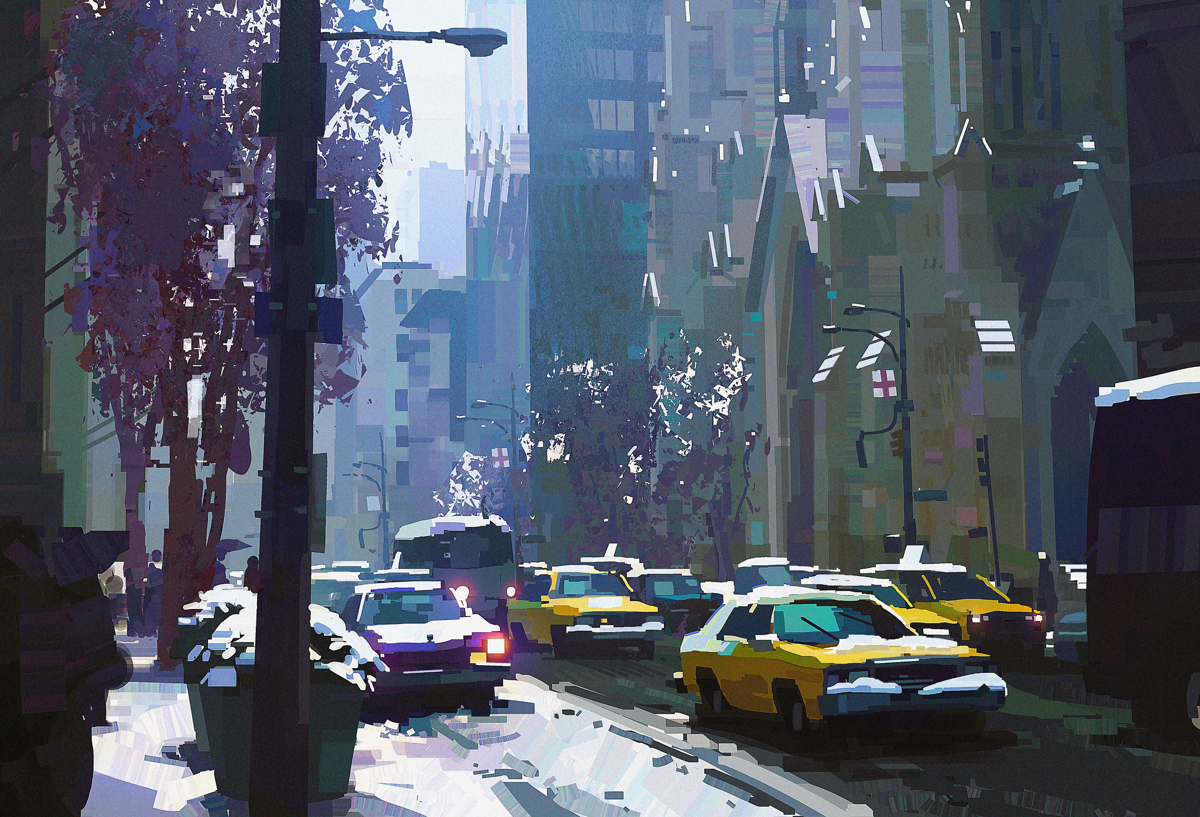 a stylized painting or illustration depicts a city street scene in winter, with snow covering the ground and vehicles. yellow taxis and other cars are visible in the foreground, with tall buildings and bare trees in the background. a street light stands to the left, and the overall atmosphere is somewhat muted and wintry.