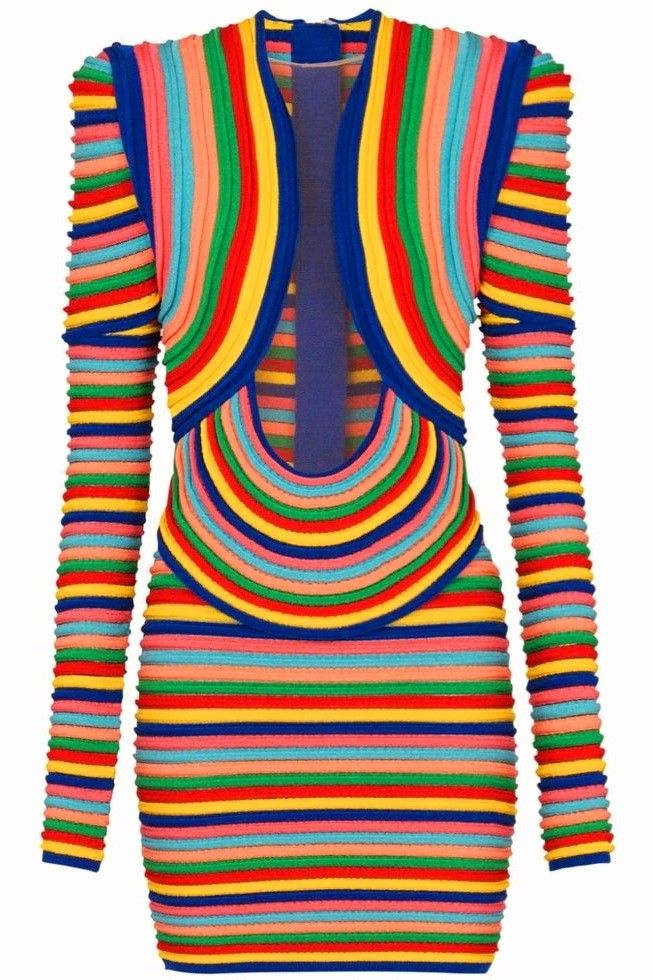 a vibrant, rainbowstriped, longsleeved dress is displayed against a plain background. the dress has a fitted, bodycon silhouette and features a unique openfront design with a cutout at the midriff. the multicolor stripes run horizontally, creating a bold, eyecatching pattern, while the texture appears to be a tightly knit or ribbed material.