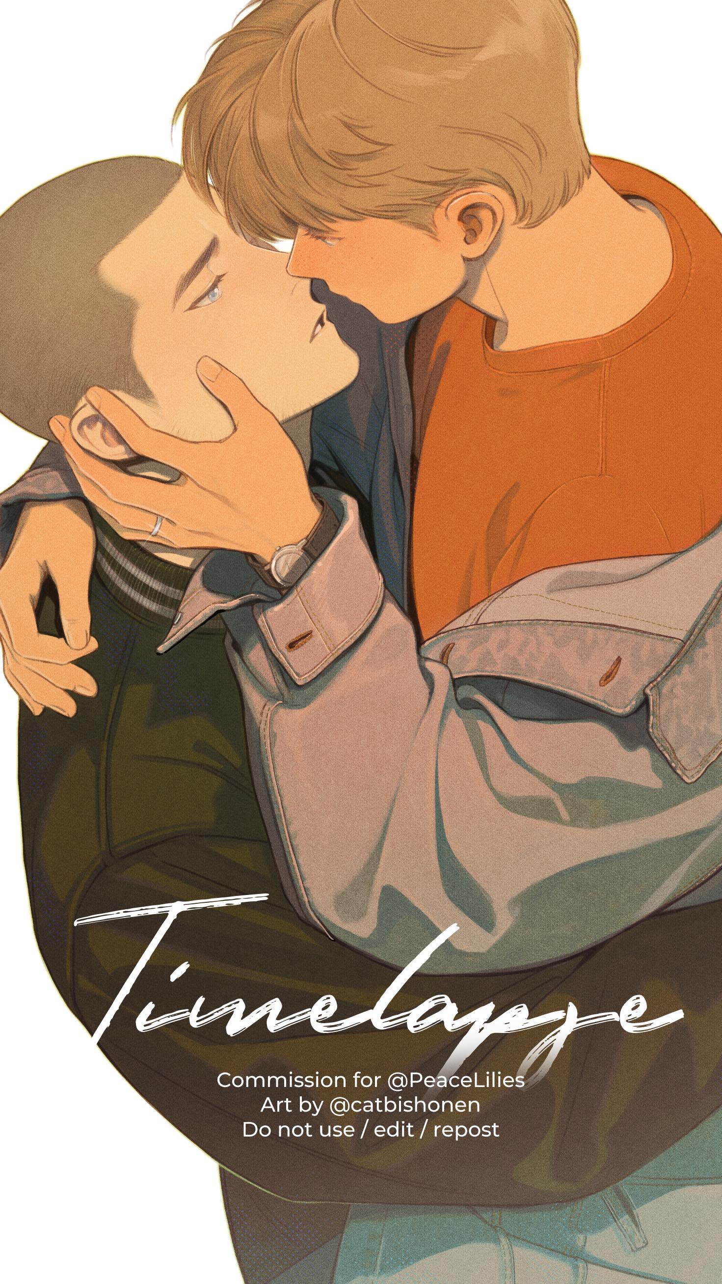 the image is a digital illustration depicting a tender, intimate moment between two young men. they are embracing closely, their faces almost touching as if sharing a soft kiss. the style is artistic and soft, using pastel and warm tones with a focus on detail in the clothing and facial expressions. the overall mood is romantic and emotional, conveying a sense of closeness and affection between the couple.  the text "timelapse" is prominently displayed, along with credits to the artist and a "do not use/edit/repost" notice.  the artwork clearly falls within the boys' love (yaoi/bl) genre.
