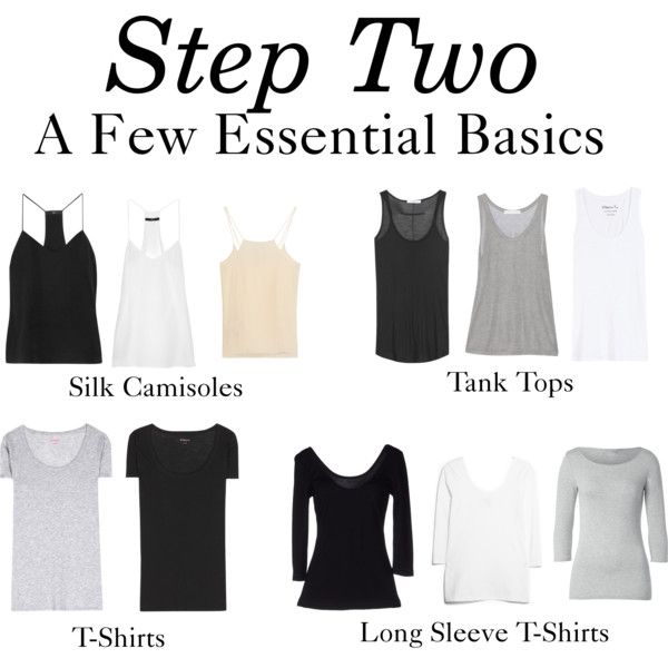 the image showcases essential wardrobe basics, featuring the text "step two a few essential basics" at the top. below the text are various clothing items: silk camisoles, tank tops, tshirts, and long sleeve tshirts, arranged in rows. each category is labeled accordingly.