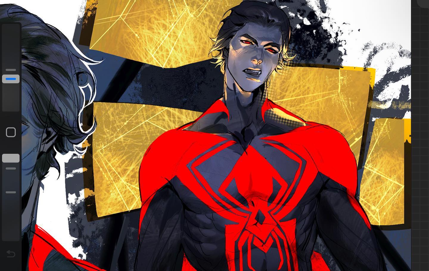 a digital art piece featuring a closeup portrait of spiderman in a red and black suit with red eyes looking intensely at the viewer. the background is filled with a colorful abstract design.