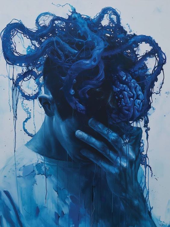 the image portrays a man in a contemplative pose, his face partially obscured by his hand. his head is enveloped in a surreal, abstract formation of blue, resembling both an octopus and a brain. this intricate structure seems to be both emerging from and consuming his head, possibly symbolizing the complexities and overwhelming nature of thoughts. the entire composition is rendered in varying shades of blue, creating a somber and introspective mood.