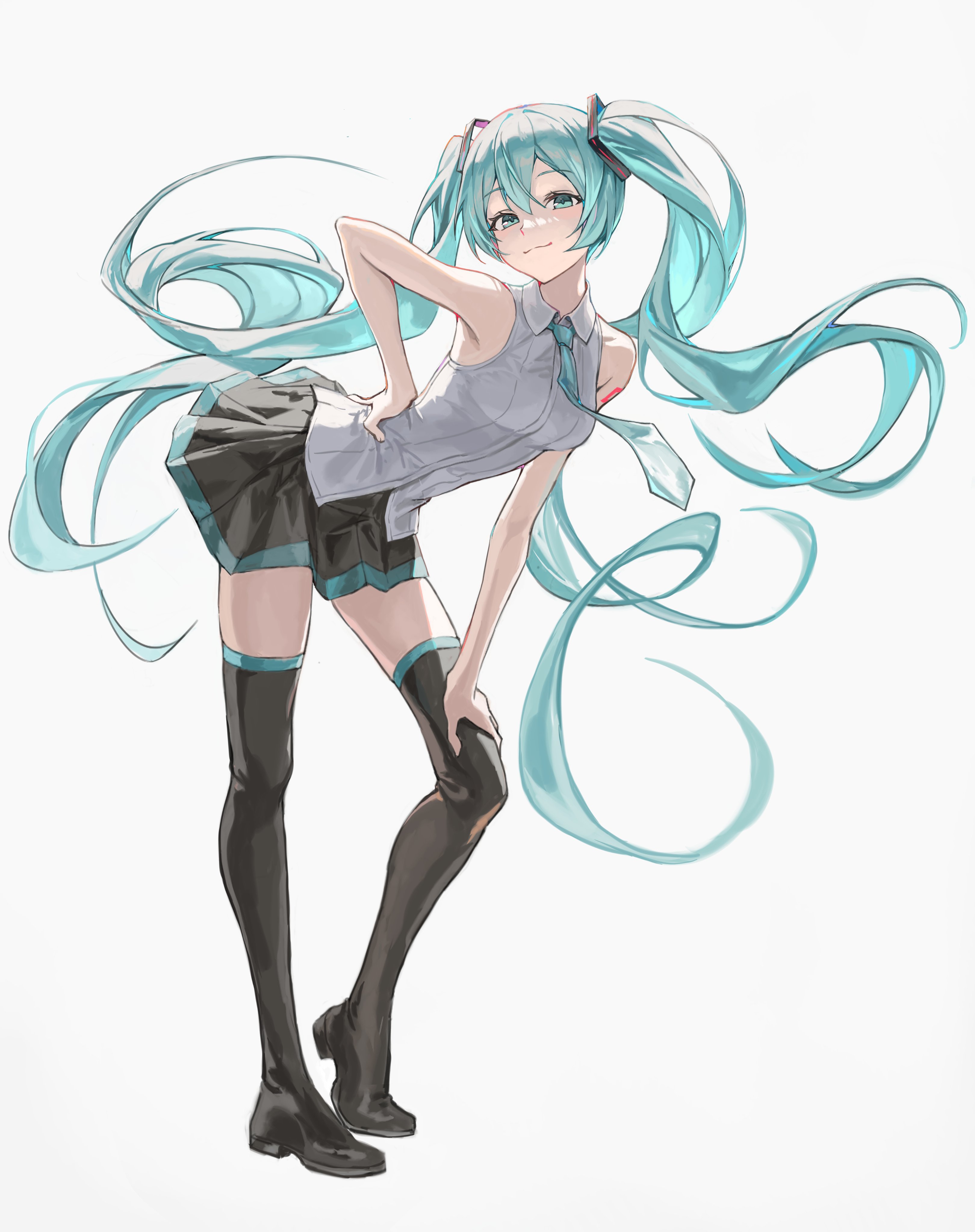 the image is a fullbody illustration of hatsune miku, a popular vocaloid character. she is depicted in a dynamic pose, with her long teal twintails flowing around her.  miku is wearing a short, darkcolored skirt, a lightcolored sleeveless top, and black kneehigh socks/boots. her expression is confident and slightly playful. the art style is anime/mangainspired, with soft shading and a focus on smooth lines. the overall mood is light and cheerful.
