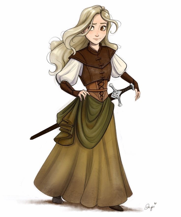 a digitally drawn illustration of a fantasy character, a woman with blonde hair, wearing a brown dress with a green sash and holding a silver sword. she has a confident expression and appears to be a warrior or adventurer.