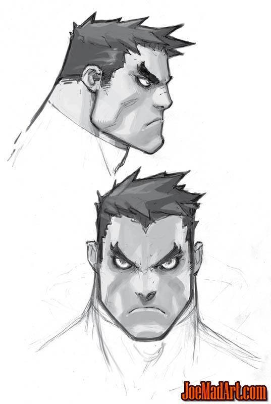 the image contains two grayscale sketches of a man's head and upper torso. the top sketch shows the character in profile view, from the side. the bottom sketch presents a frontal view of the same character, showcasing a more intense, angry expression. both sketches demonstrate stylistic choices commonly seen in comic book art, with emphasis on strong features and bold lines. the art style is rough and dynamic, suggestive of concept art or character design work. a website address, "joemadart.com," is visible at the bottom of the image.
