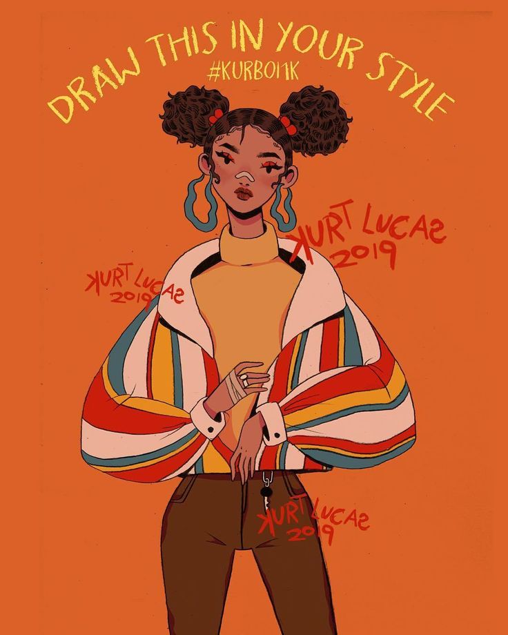 this is a digital illustration of a cartoon woman. she has brown skin, brown hair that's in two pigtails, and is wearing a striped jacket with yellow and red stripes. she is also wearing dark brown pants and a yellow shirt. there is text around her that says "draw this in your style," "kurt lucas 2019," and "#kurboink". the background is a solid orange color.