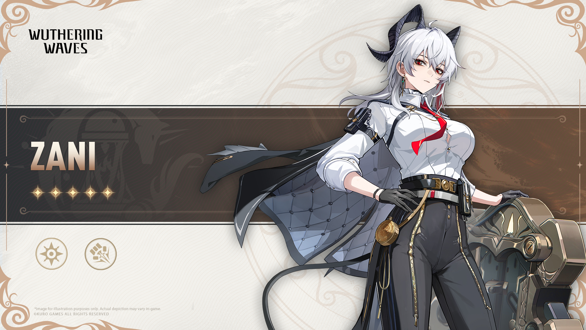 the image features a fullbody illustration of zani, a character from the video game wuthering waves. she is depicted as an animestyle girl with white hair, red eyes, and black horns. she wears a white shirt with a red tie, black pants, gloves, and a stylish cape. the image includes the game's logo, the character's name, a fivestar rating, and game art elements.