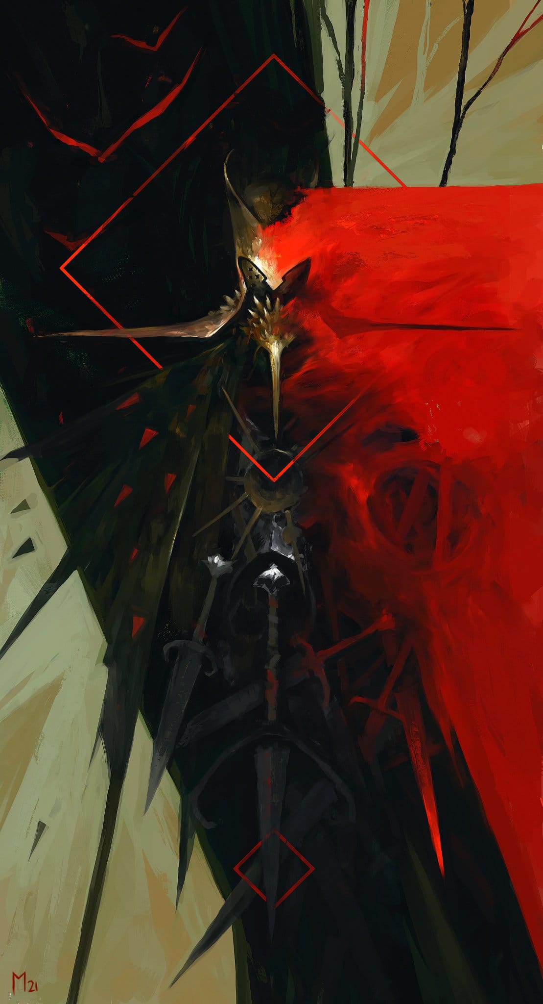 the digital painting depicts a dark, imposing figure, possibly a demon or dark knight, partially obscured by a flowing crimson cloak.  the figure is clad in dark, spiky armor with a helmet that obscures its face.  several sharp daggers are visible, suggesting a fierce and potentially dangerous nature.  the background is abstract and stylized, using a combination of dark and light tones, geometric shapes, and sharp lines that create a sense of drama and unease.  the overall mood is ominous and mysterious, emphasizing the figure's formidable and potentially malevolent presence. the artist's signature, "m2," is subtly placed in the bottom left corner.