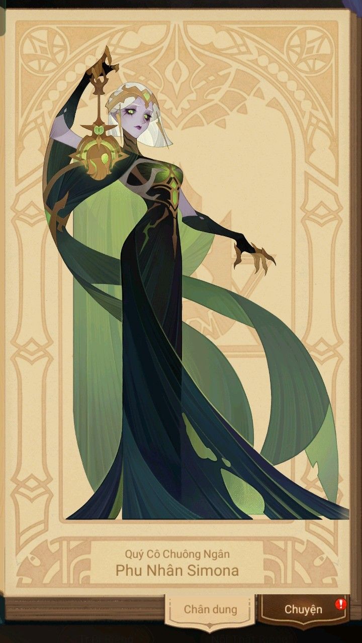 a digital illustration of a woman in an elegant green dress. she has pale skin, white hair, and pointed ears. she is holding a golden staff with a green orb in her right hand. the background is a warm brown color with a gold border. the image is framed by a decorative border.