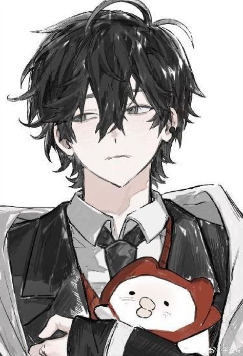a headandshoulders illustration of a young man with messy black hair and blushing cheeks. he's wearing a white shirt with a black tie, partially covered by a black jacket and red scarf. he's holding a red and white cat plushie close to his chest. his expression is serene, with his eyes halfclosed. the style is reminiscent of anime and manga, featuring delicate linework and soft shading. the overall color palette is muted, with a focus on grays and whites.