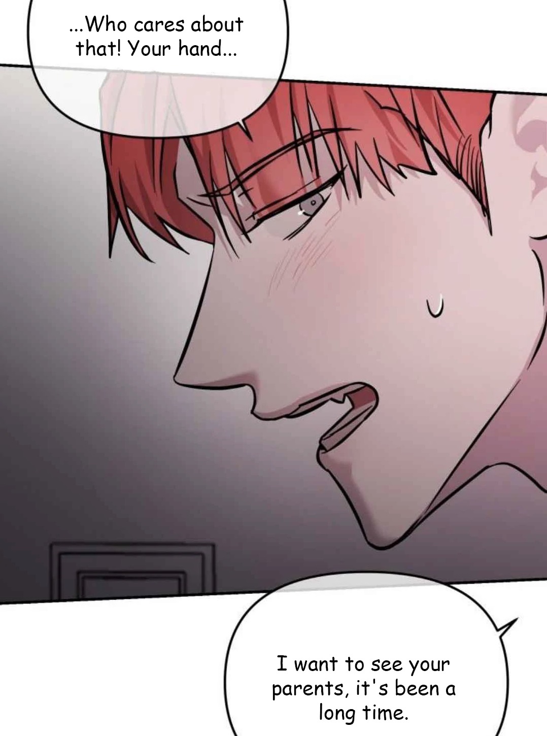 a closeup shot of a redhaired man's face from a manga or manhwa. he's expressing anger or frustration, his mouth slightly open.  speech bubbles contain dialogue, one expressing dismissive concern and the other expressing a desire to see the character's parents. the art style is typical of korean manhwa, with sharp lines and expressive features.  the overall mood is tense and emotional.