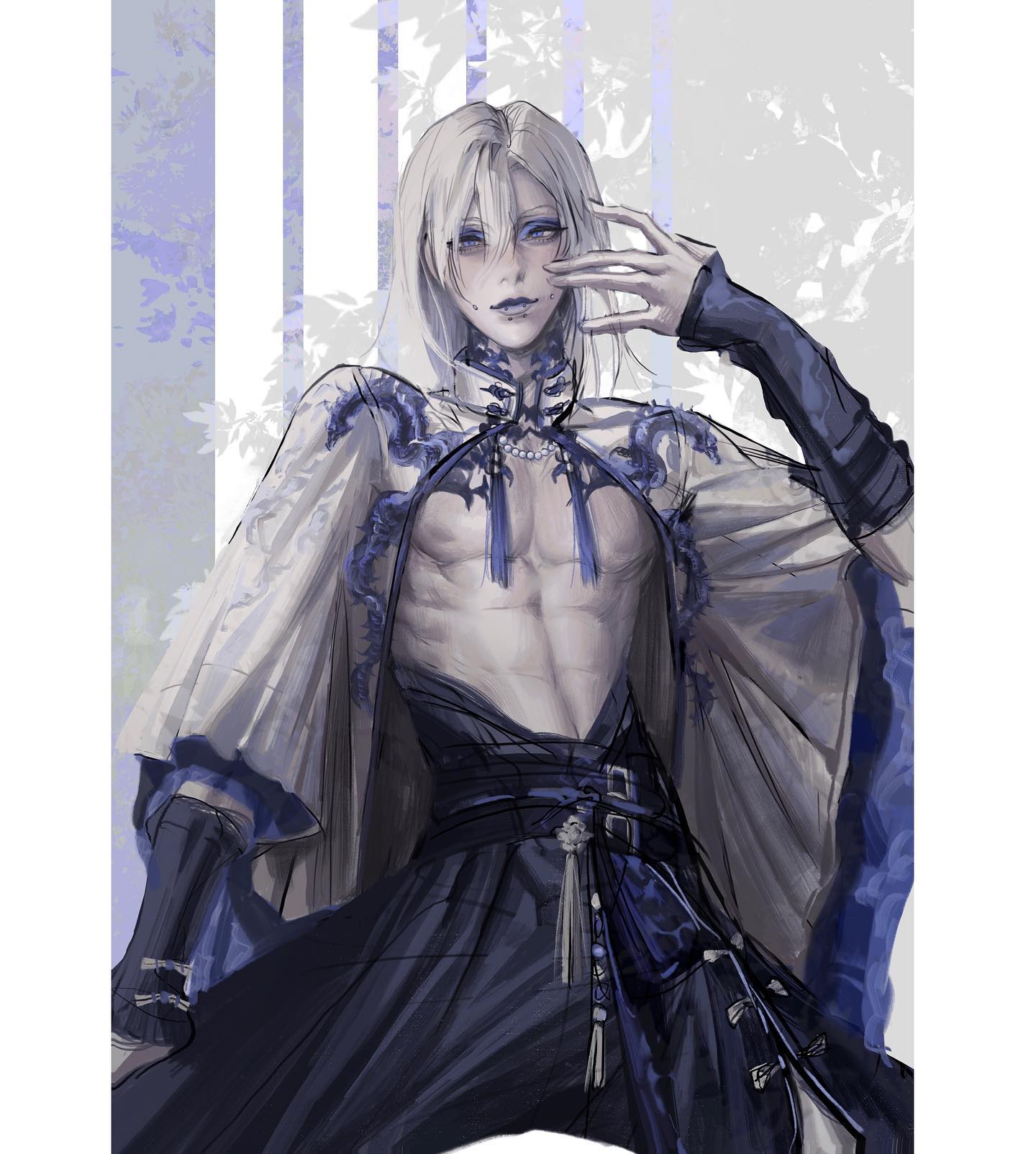 a close up shot of an anime boy with white hair and blue eyes wearing a white and blue kimono and black belt. he's looking at the camera and slightly smiling, with his hand placed on his chin. the background is a blurry light blue and white color.