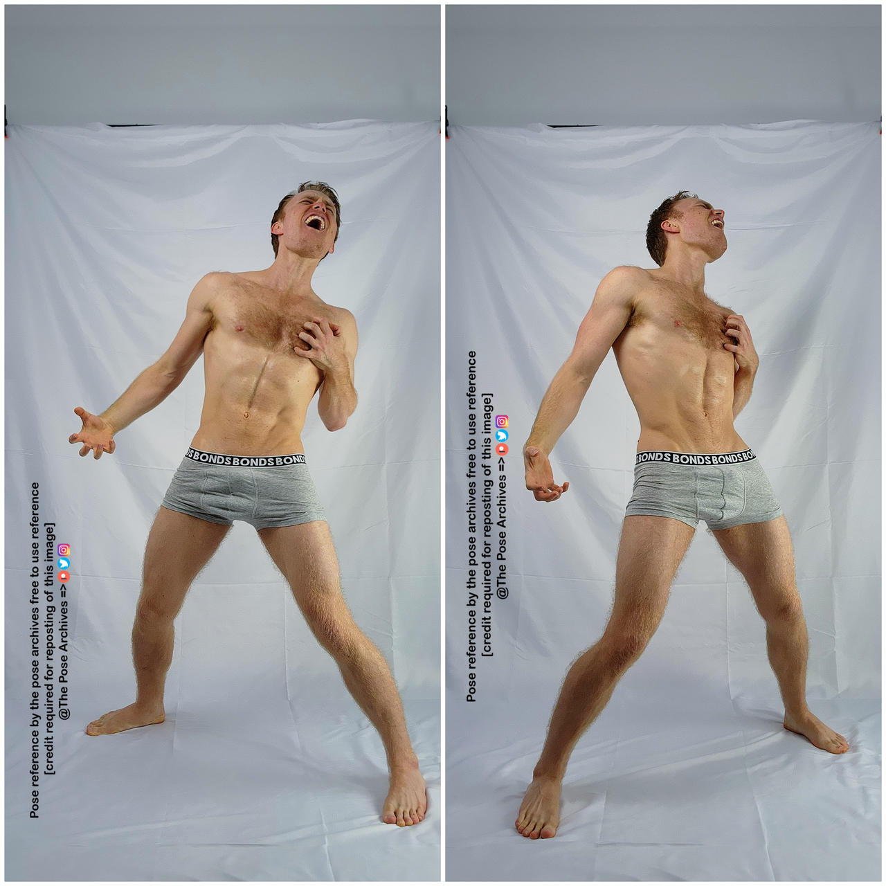 two identical images of a male model with pale skin and short red hair, wearing grey boxer briefs, positioned in front of a white backdrop. his head is tilted back, mouth open in an expression of pain or anguish, while his hands clutch at his bare chest. his body is slightly turned, with one leg extended forward. the image is a pose reference, with watermarks indicating the source and terms of use.