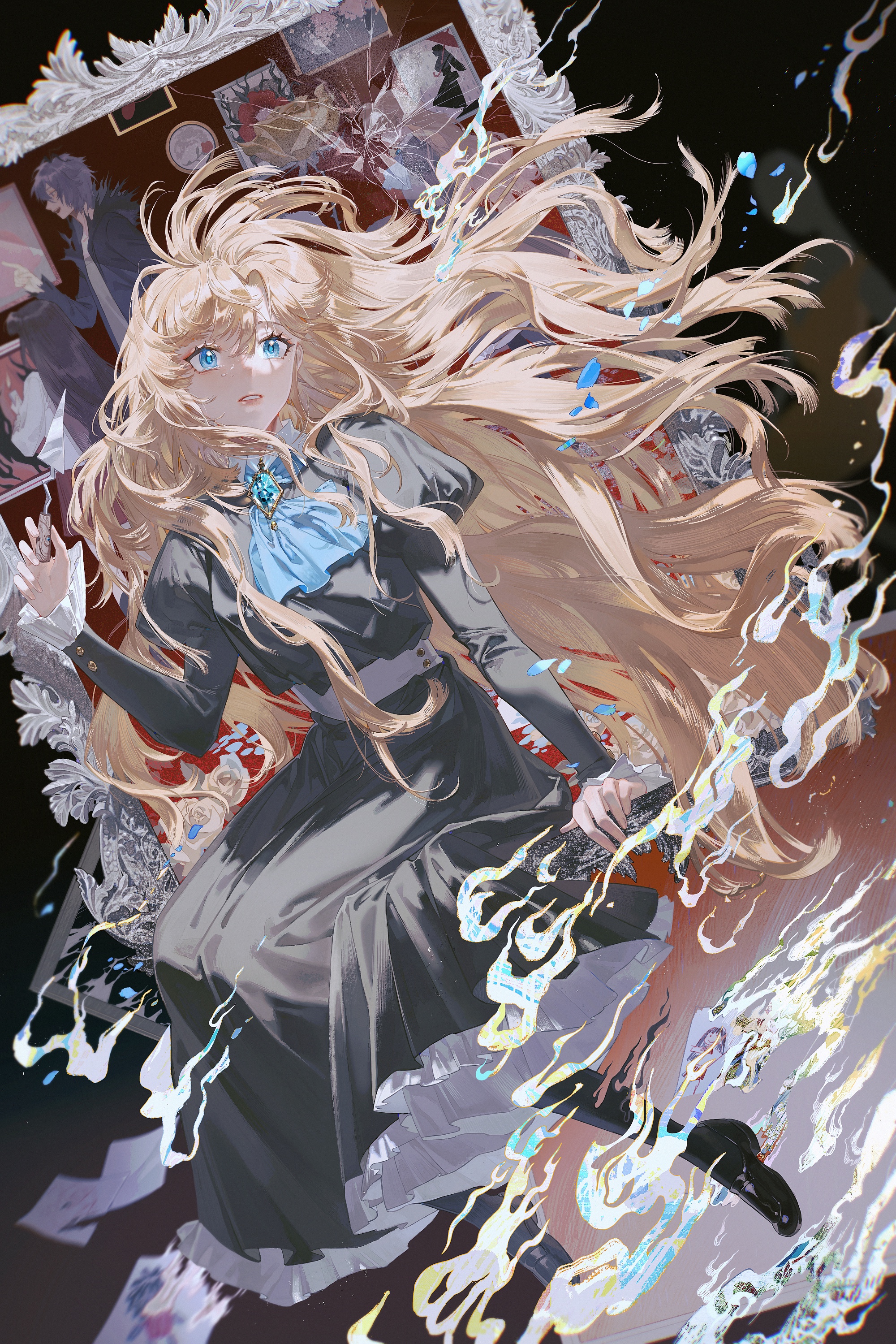 a beautiful anime girl with long blonde hair is floating in the air, surrounded by flames. she is wearing a black dress with a blue bow. the background is a blurry image of a picture frame with other people in it. the image is digital art and is very stylized.