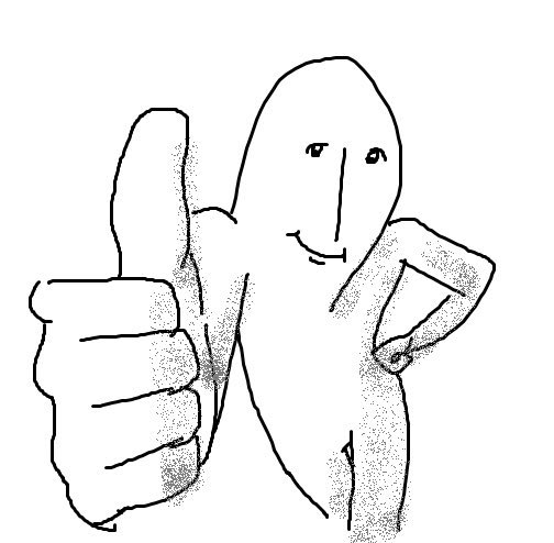 the image is a simple line drawing of a cartoonish, somewhat abstract figure.  the figure has a large, rounded head and a simplified body.  its most prominent feature is a large thumbsup gesture with a hand that is disproportionately large compared to the rest of the body. the figure appears to be smiling, conveying a positive or approving sentiment. the style is minimalist and slightly rough, resembling a quick sketch or doodle. the lines are uneven, and there's a slight grainy texture in some areas.