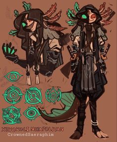 the image showcases a digital character illustration of an axolotlinspired humanoid warrior. the character, set against a simple brown background, is depicted in a dynamic pose, wearing a hooded outfit adorned with feathers.  their glowing green eyes pierce through a mask, hinting at a mischievous nature. the artwork features intricate details in the character's attire and a unique, fantastical aesthetic. the color palette leans towards earthy tones with pops of green.  the overall composition suggests a strong, agile character with a touch of mystique.